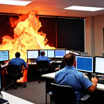 **Reactive IT Chaos:** A chaotic IT operations center during a major system crash. Screens are red with errors, alarms blare, and frantic IT staff are on "red-hot" phones, desperately trying to troubleshoot. The scene should convey panic, stress, and the immediate, overwhelming impact of unexpected downtime and data loss, illustrating a reactive "firefighting" approach to IT.