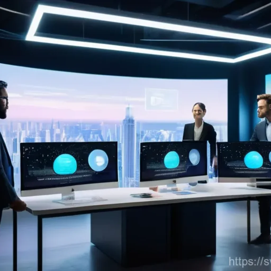 티어링 아키텍처 설계 시 필수 기술 스택 - **Prompt:** A modern, brightly lit open-plan office setting with a diverse team of developers, fully...