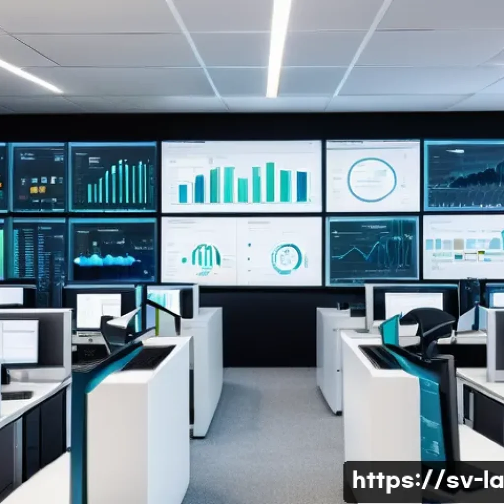 티어링 아키텍처의 가시성 확보 방안 - A modern IT operations center with multiple large digital dashboards displaying real-time monitoring...