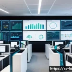 Home 22 티어링 아키텍처의 가시성 확보 방안 - A modern IT operations center with multiple large digital dashboards displaying real-time monitoring...