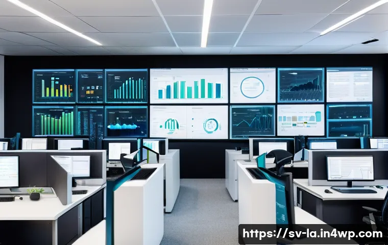 티어링 아키텍처의 가시성 확보 방안 - A modern IT operations center with multiple large digital dashboards displaying real-time monitoring...