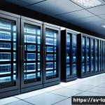 Home 21 티어링 아키텍처를 활용한 효율적인 리소스 관리 - A modern, sleek data center interior illustrating a tiered resource management