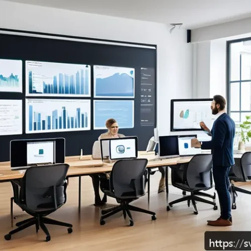 Home 32 티어링 아키텍처와 레이어드 아키텍처 차이점 - A modern office setting with a diverse team of software engineers collaborating around a large touch...