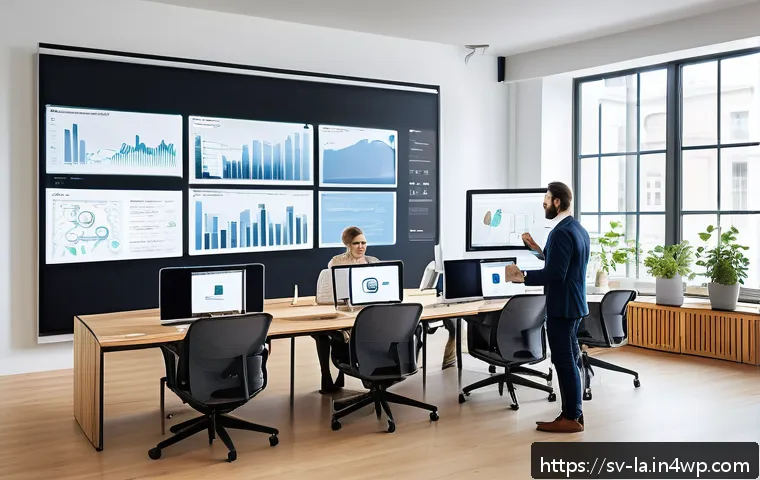 티어링 아키텍처와 레이어드 아키텍처 차이점 - A modern office setting with a diverse team of software engineers collaborating around a large touch...
