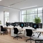 Home 23 티어링 아키텍처와 데이터 보안 전략 - A modern Scandinavian office environment with diverse professionals analyzing layered data security ...