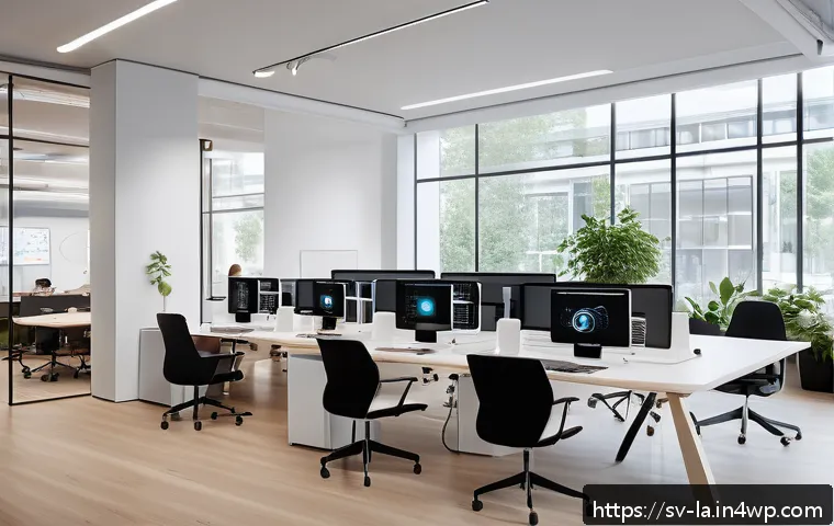 티어링 아키텍처와 데이터 보안 전략 - A modern Scandinavian office environment with diverse professionals analyzing layered data security ...